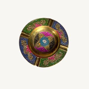 Beautiful Brass Ashtray With Floral Colourful Engravings